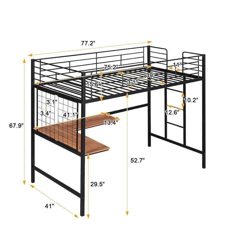 Black Metal Loft Bed with Built-In Desk, Ladder and Grid Panel