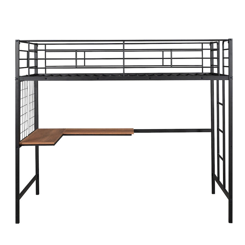 Black Metal Loft Bed with Built-In Desk, Ladder and Grid Panel