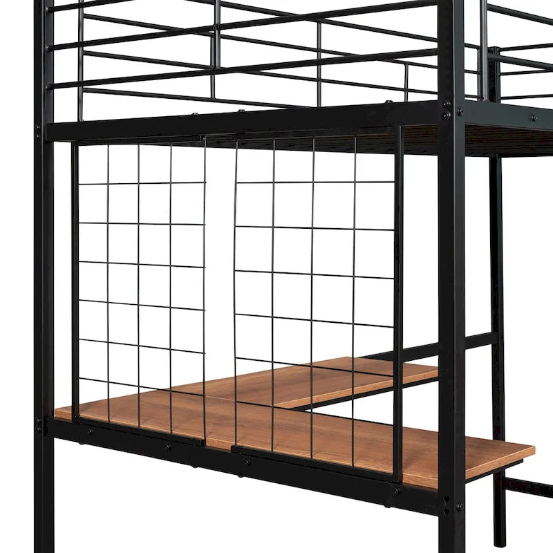 Black Metal Loft Bed with Built-In Desk, Ladder and Grid Panel