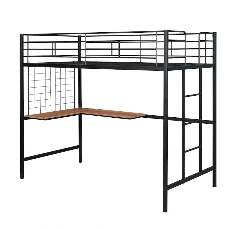 Black Metal Loft Bed with Built-In Desk, Ladder and Grid Panel