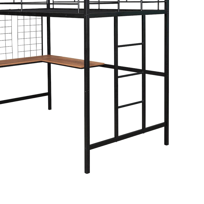 Black Metal Loft Bed with Built-In Desk, Ladder and Grid Panel