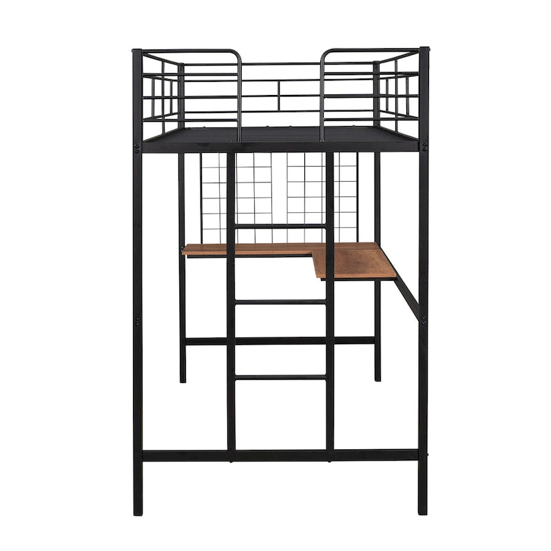 Black Metal Loft Bed with Built-In Desk, Ladder and Grid Panel