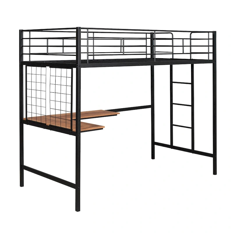 Black Metal Loft Bed with Built-In Desk, Ladder and Grid Panel