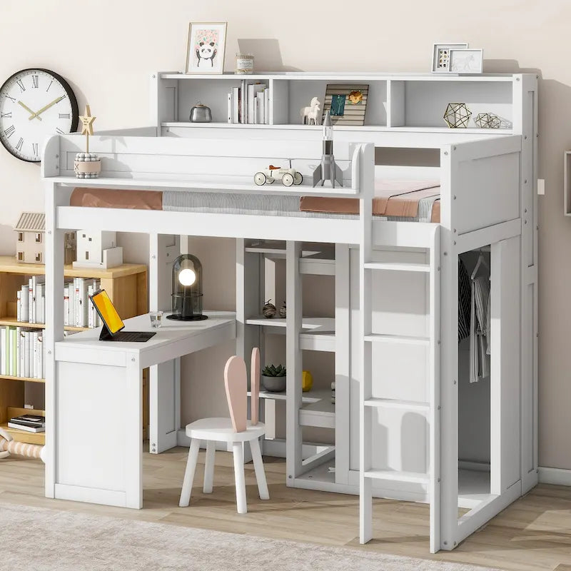 White Wood Loft Bed with Built-In Desk, Shelves and Wardrobe