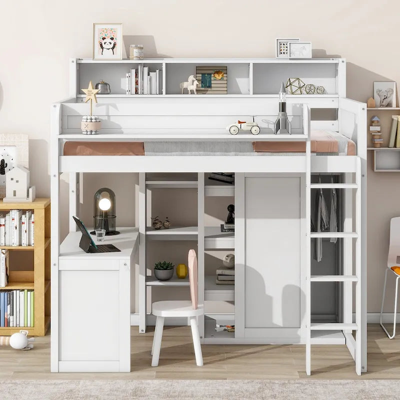 White Wood Loft Bed with Built-In Desk, Shelves and Wardrobe