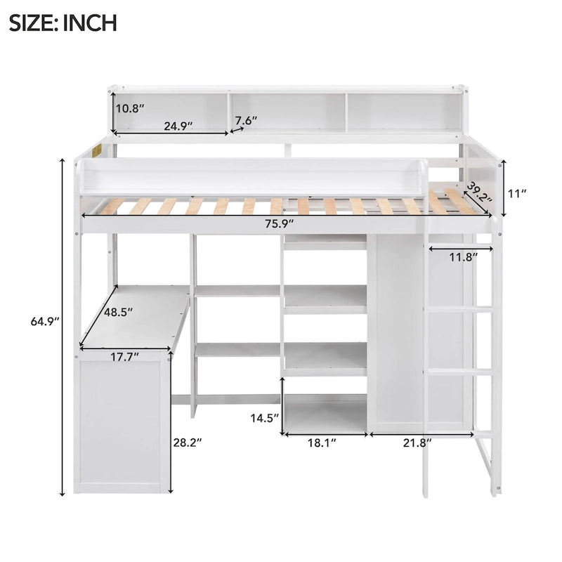 White Wood Loft Bed with Built-In Desk, Shelves and Wardrobe