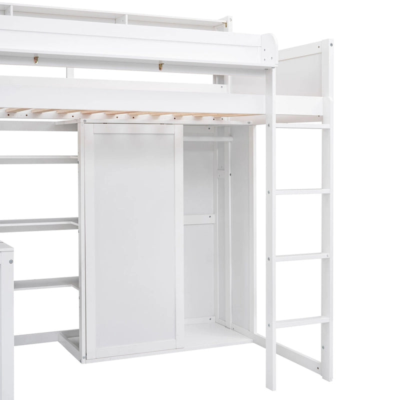 White Wood Loft Bed with Built-In Desk, Shelves and Wardrobe
