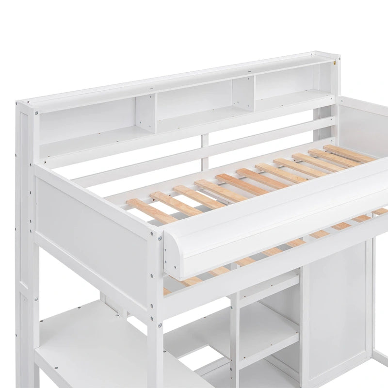 White Wood Loft Bed with Built-In Desk, Shelves and Wardrobe