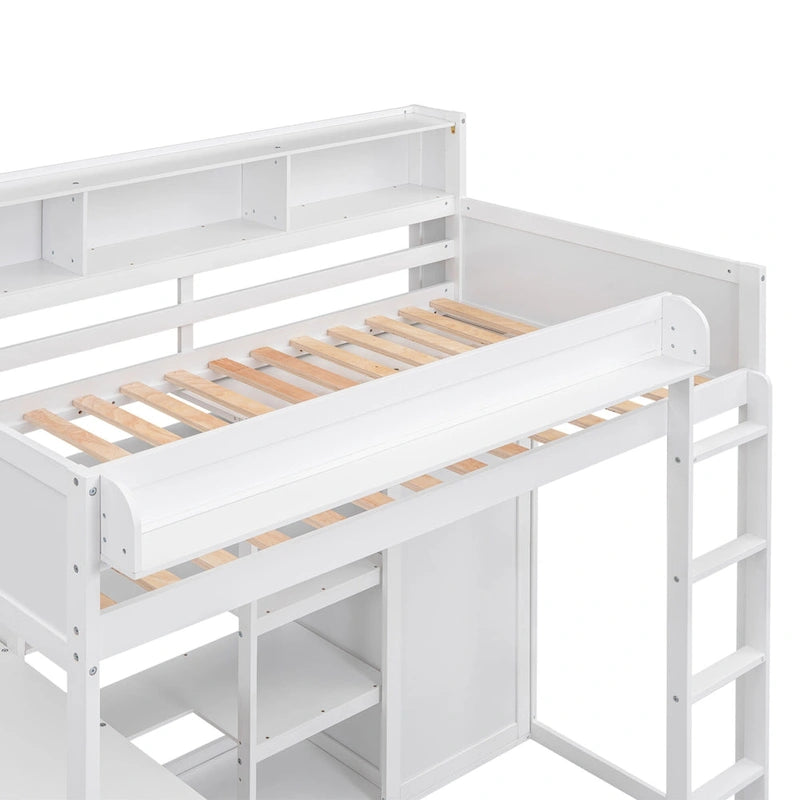 White Wood Loft Bed with Built-In Desk, Shelves and Wardrobe