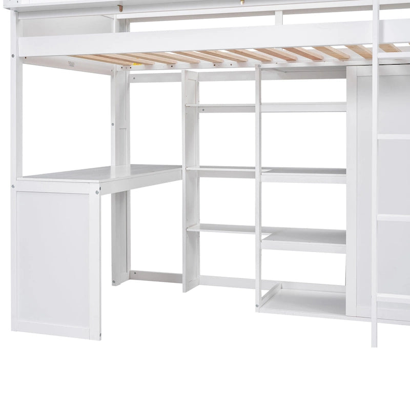 White Wood Loft Bed with Built-In Desk, Shelves and Wardrobe