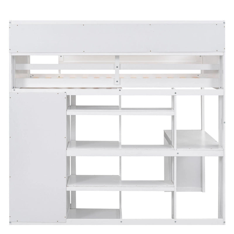 White Wood Loft Bed with Built-In Desk, Shelves and Wardrobe
