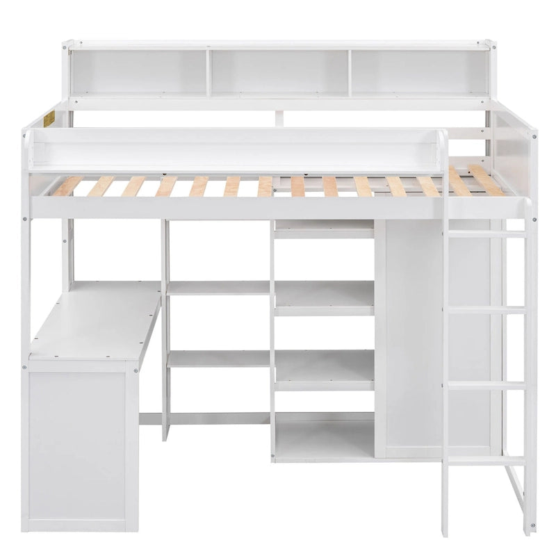 White Wood Loft Bed with Built-In Desk, Shelves and Wardrobe