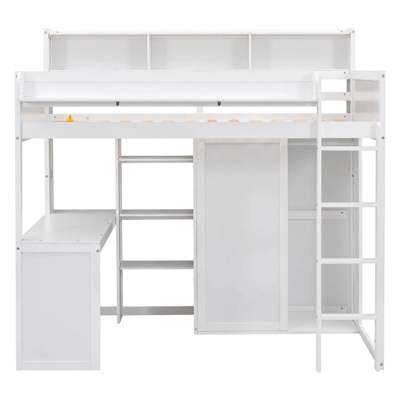 White Wood Loft Bed with Built-In Desk, Shelves and Wardrobe