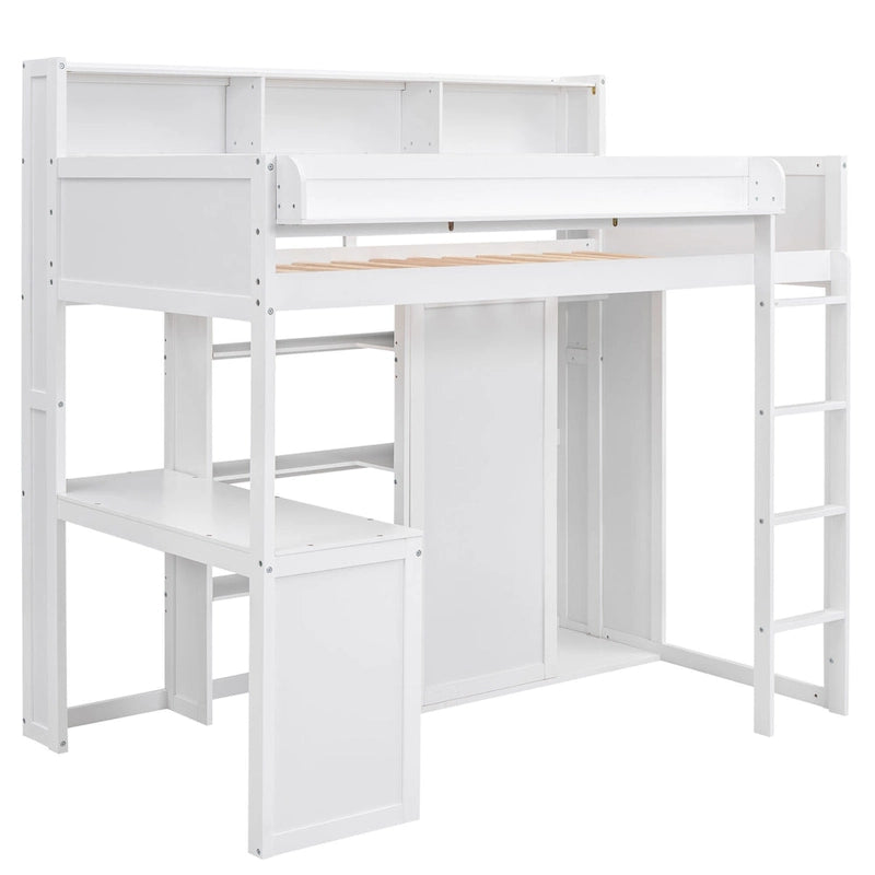 White Wood Loft Bed with Built-In Desk, Shelves and Wardrobe