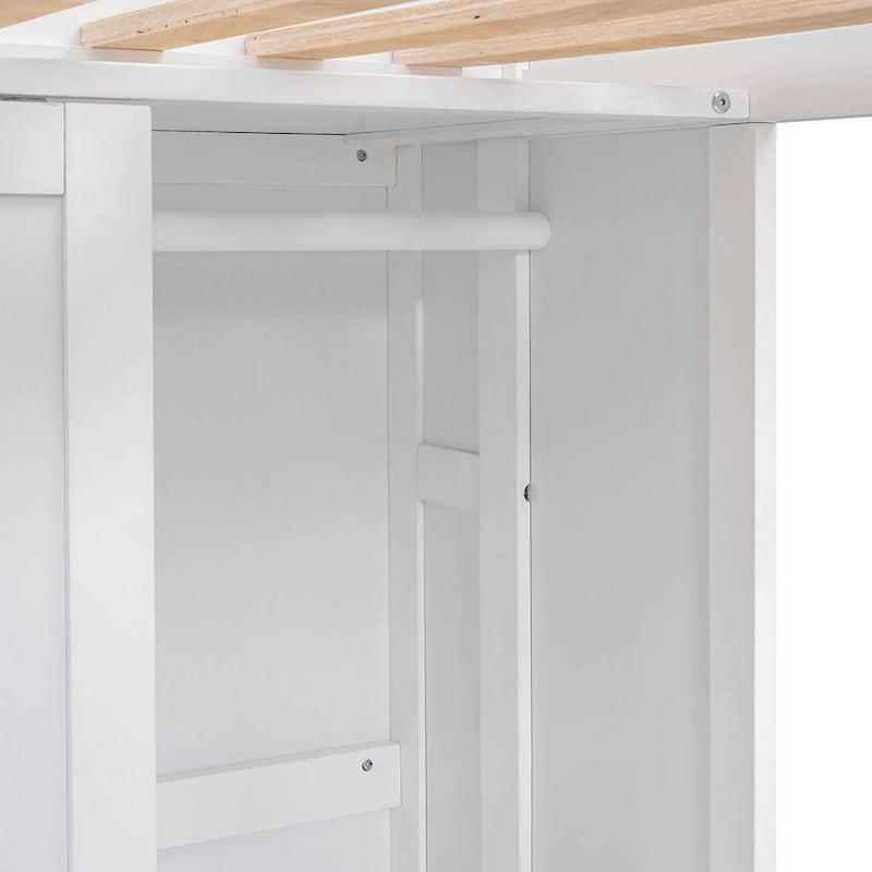 White Wood Loft Bed with Built-In Desk, Shelves and Wardrobe