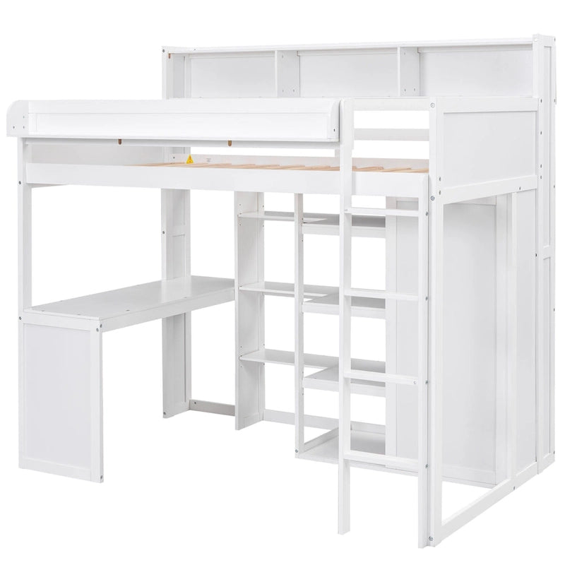 White Wood Loft Bed with Built-In Desk, Shelves and Wardrobe