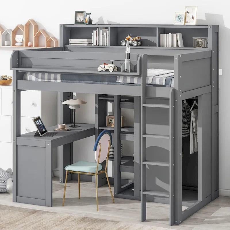 White Wood Loft Bed with Built-In Desk, Shelves and Wardrobe