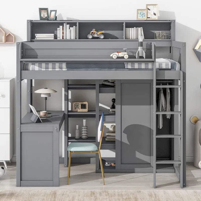 White Wood Loft Bed with Built-In Desk, Shelves and Wardrobe