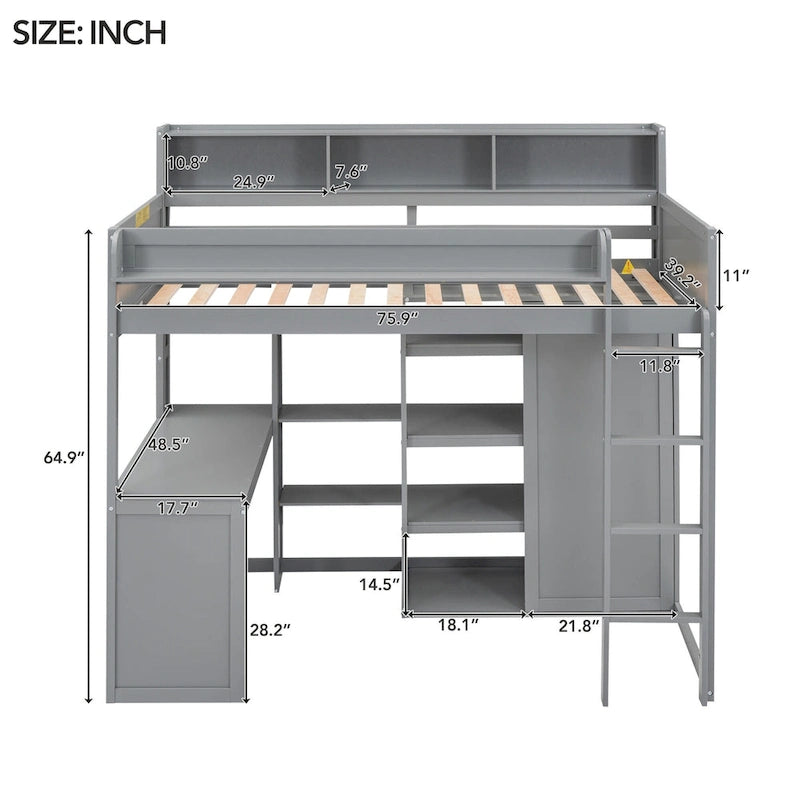 White Wood Loft Bed with Built-In Desk, Shelves and Wardrobe