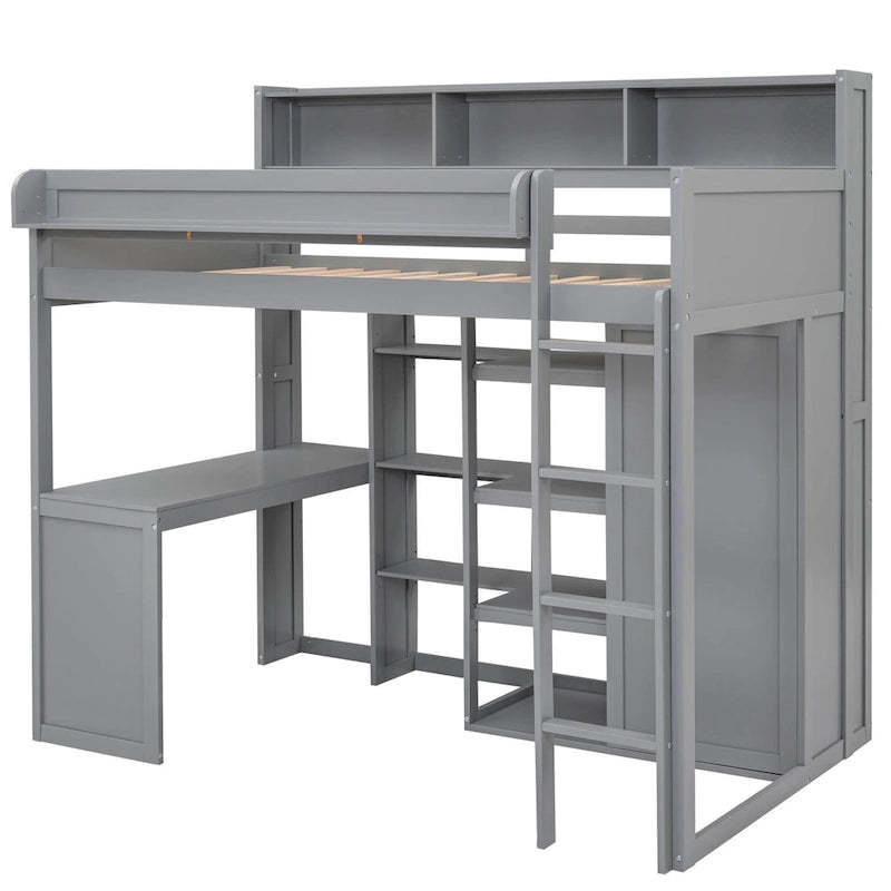White Wood Loft Bed with Built-In Desk, Shelves and Wardrobe