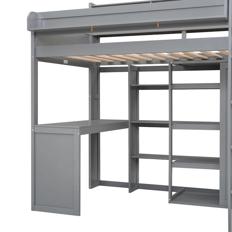 White Wood Loft Bed with Built-In Desk, Shelves and Wardrobe