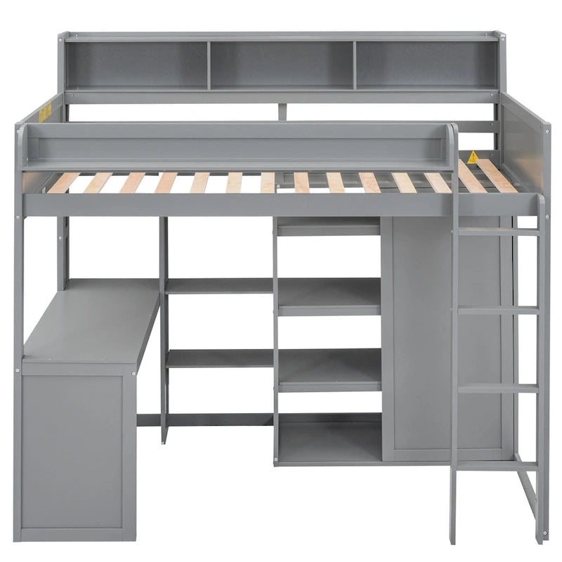 White Wood Loft Bed with Built-In Desk, Shelves and Wardrobe