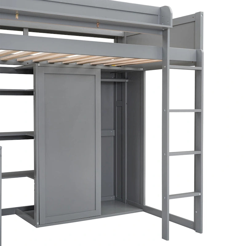 White Wood Loft Bed with Built-In Desk, Shelves and Wardrobe