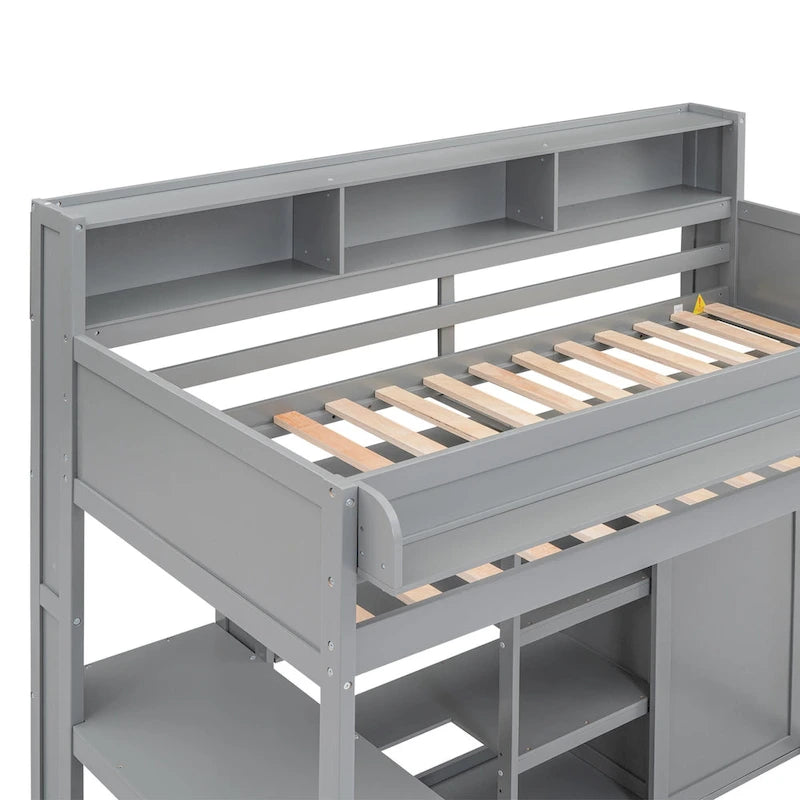 White Wood Loft Bed with Built-In Desk, Shelves and Wardrobe