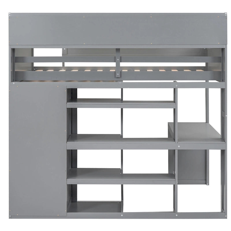 White Wood Loft Bed with Built-In Desk, Shelves and Wardrobe