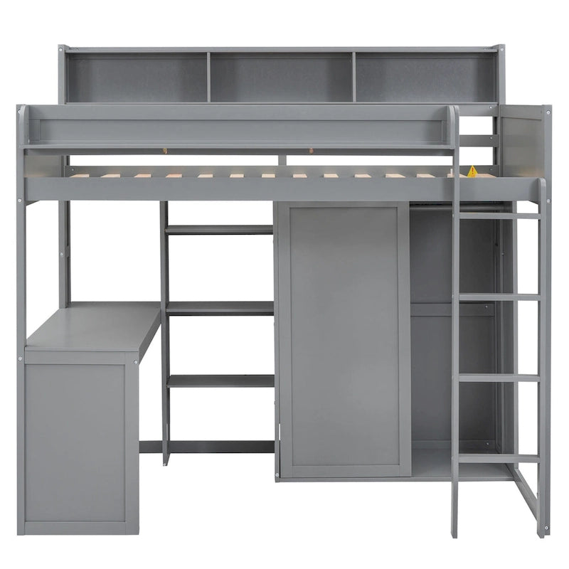 White Wood Loft Bed with Built-In Desk, Shelves and Wardrobe