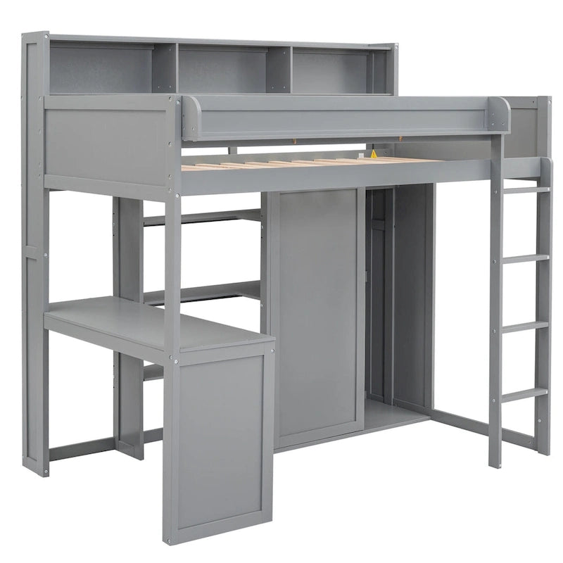 White Wood Loft Bed with Built-In Desk, Shelves and Wardrobe
