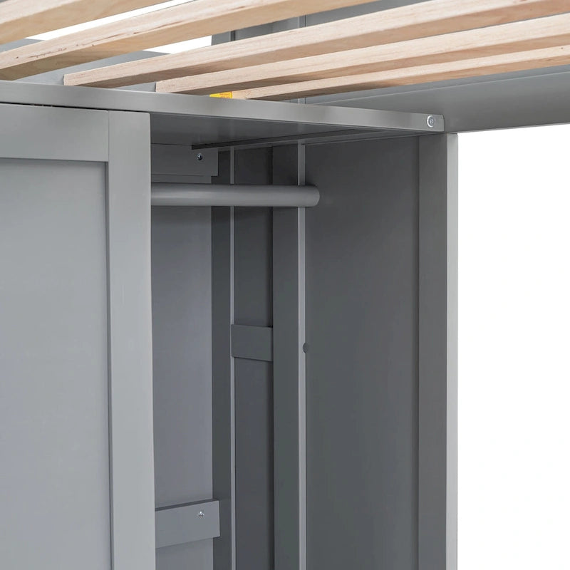 White Wood Loft Bed with Built-In Desk, Shelves and Wardrobe