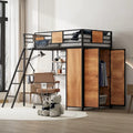 Black Twin Loft Bed with L-Shaped Desk Shelves and Wooden Wardrobe
