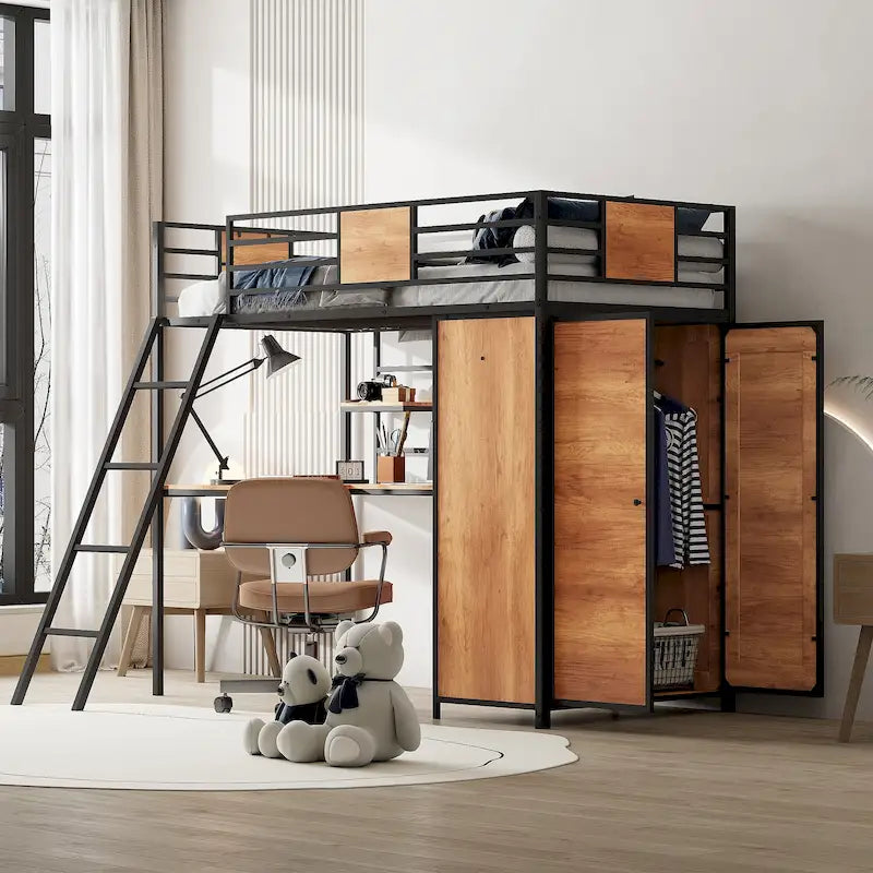 Black Twin Loft Bed with L-Shaped Desk Shelves and Wooden Wardrobe