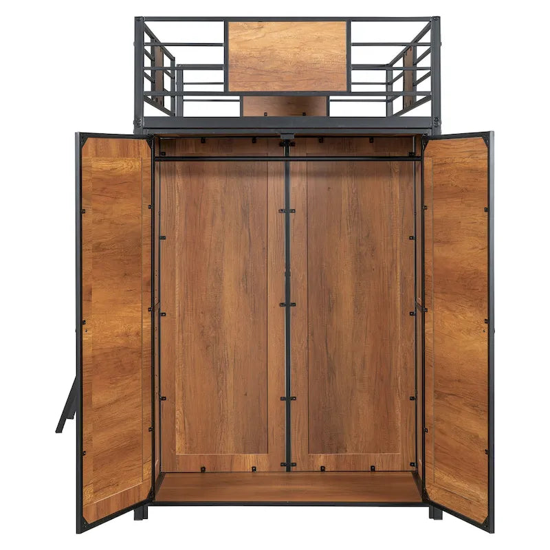 Black Twin Loft Bed with L-Shaped Desk Shelves and Wooden Wardrobe