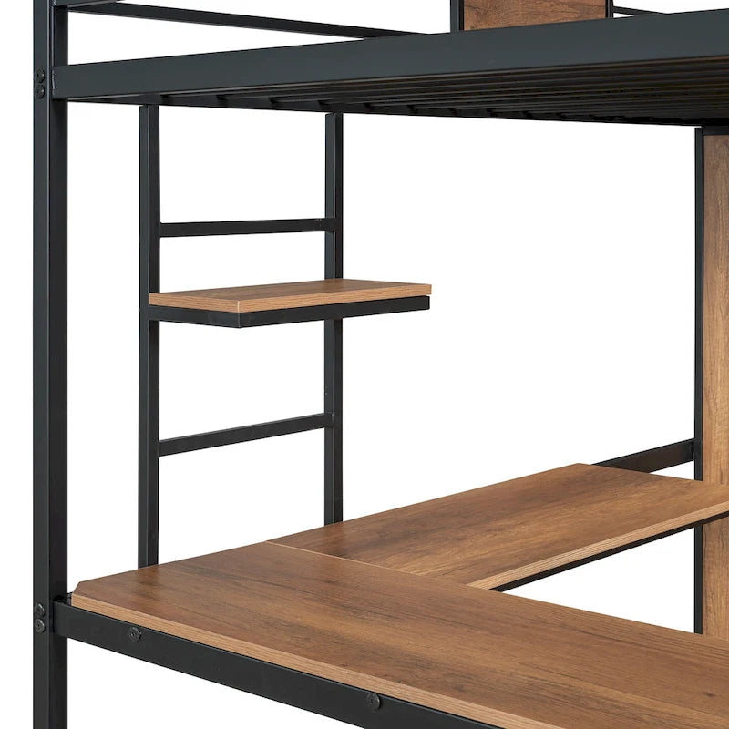 Black Twin Loft Bed with L-Shaped Desk Shelves and Wooden Wardrobe