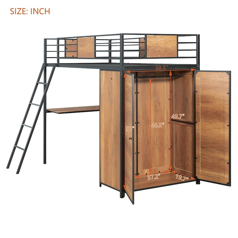 Black Twin Loft Bed with L-Shaped Desk Shelves and Wooden Wardrobe