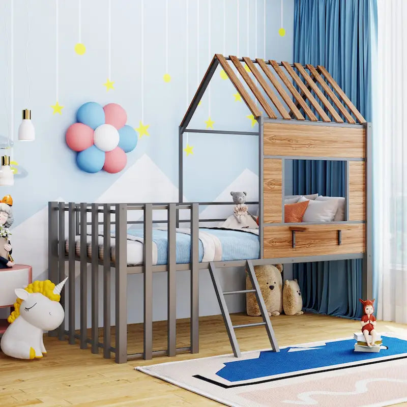 Silver Gray Metal House Loft Bed with Wood Roof Window and Ladder