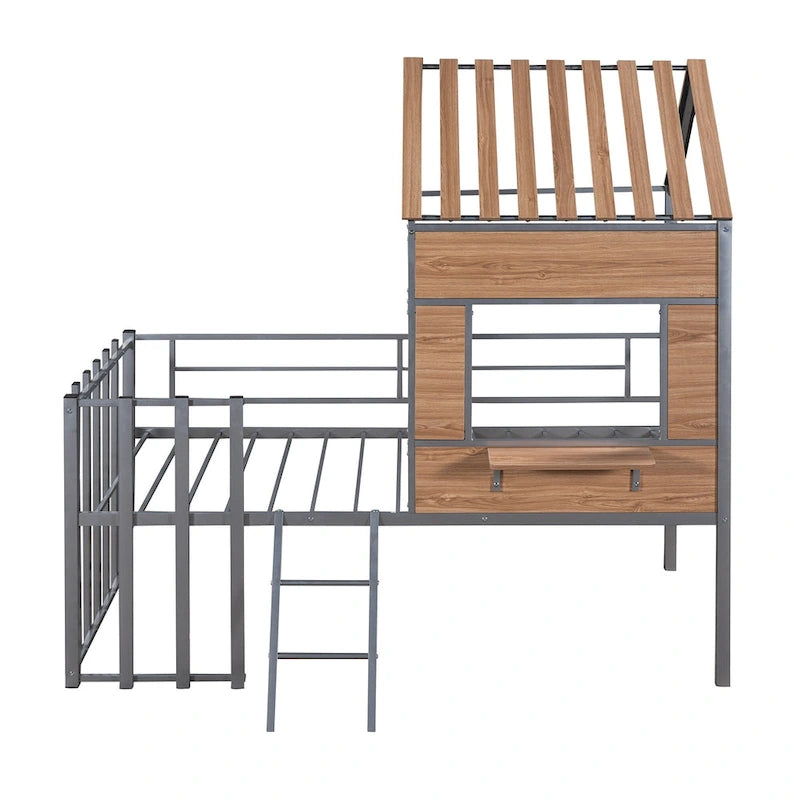 Silver Gray Metal House Loft Bed with Wood Roof Window and Ladder
