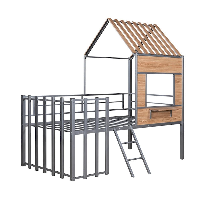Silver Gray Metal House Loft Bed with Wood Roof Window and Ladder