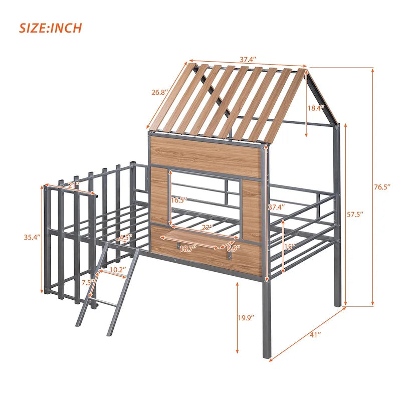 Silver Gray Metal House Loft Bed with Wood Roof Window and Ladder