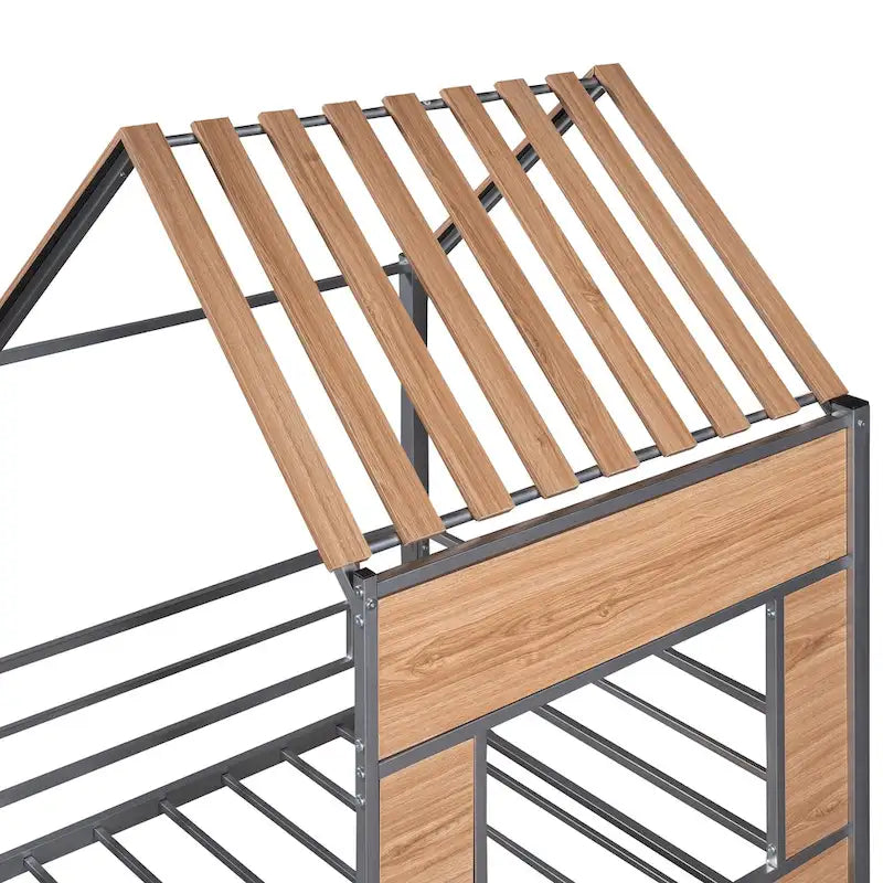 Silver Gray Metal House Loft Bed with Wood Roof Window and Ladder