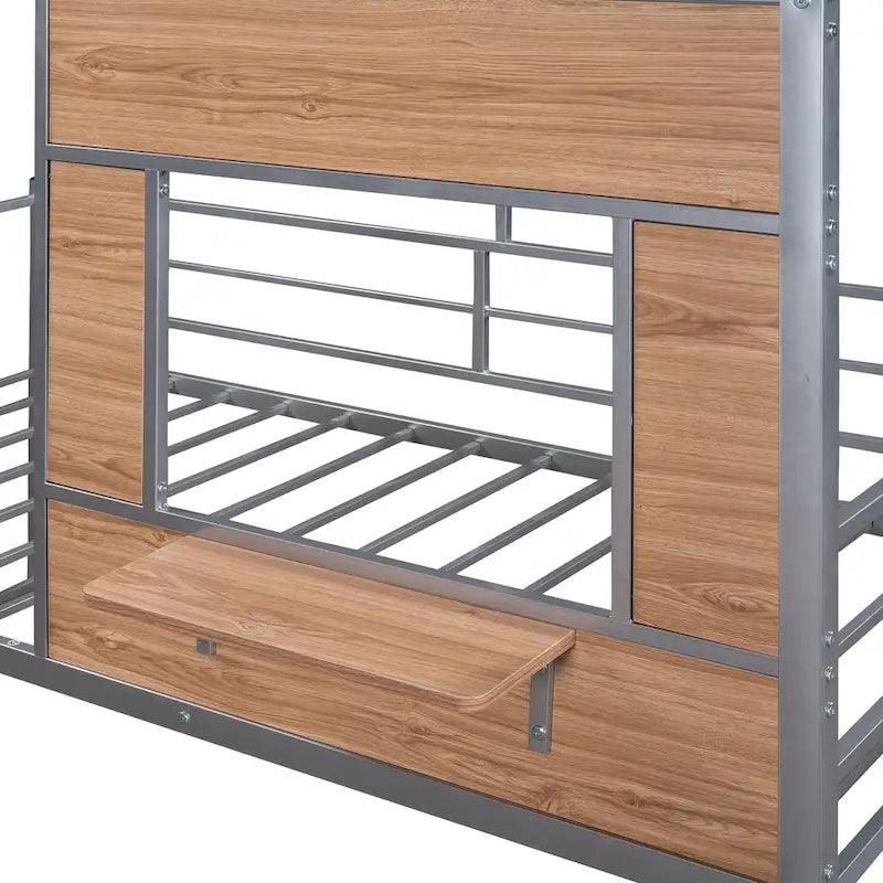 Silver Gray Metal House Loft Bed with Wood Roof Window and Ladder