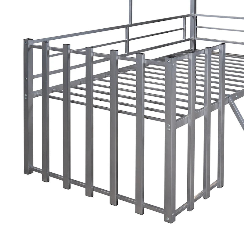 Silver Gray Metal House Loft Bed with Wood Roof Window and Ladder