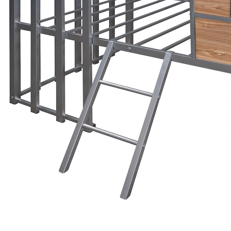 Silver Gray Metal House Loft Bed with Wood Roof Window and Ladder