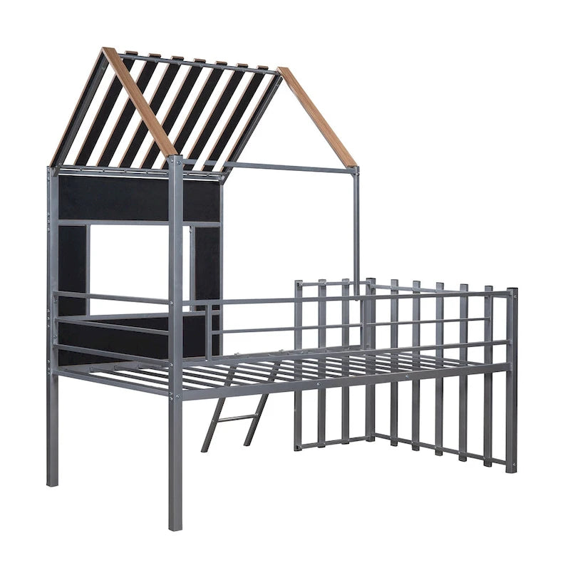 Silver Gray Metal House Loft Bed with Wood Roof Window and Ladder
