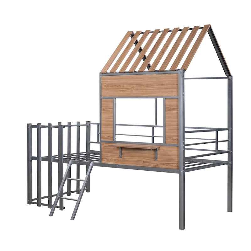 Silver Gray Metal House Loft Bed with Wood Roof Window and Ladder