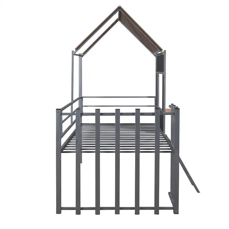 Silver Gray Metal House Loft Bed with Wood Roof Window and Ladder