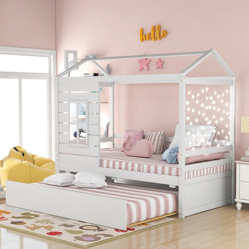 Kids White Pine Wood House Bed Frame with Guardrail and Playhouse Window