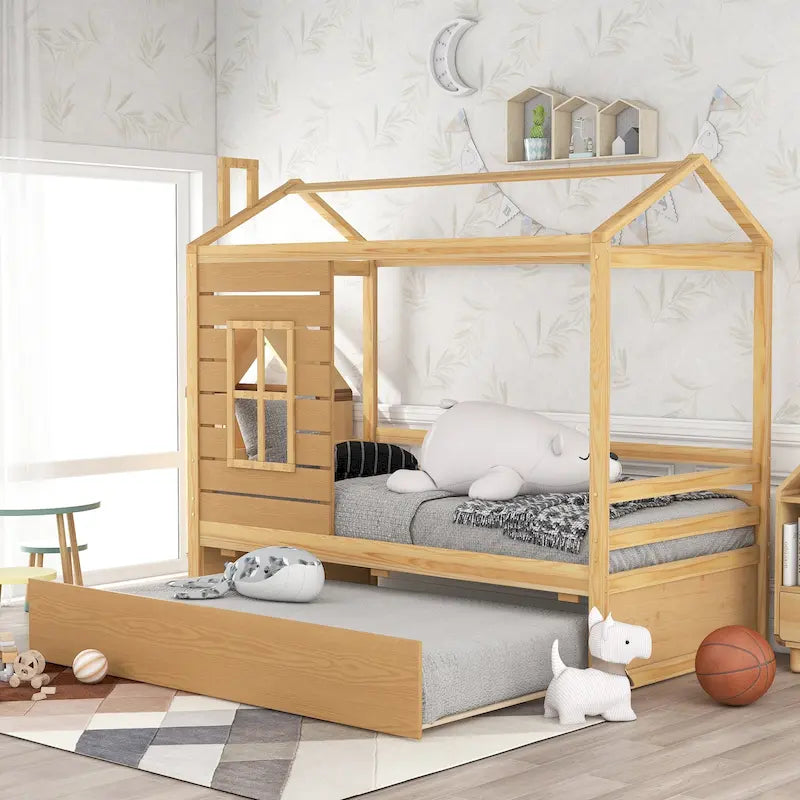 Kids White Pine Wood House Bed Frame with Guardrail and Playhouse Window